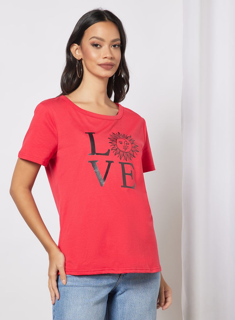 Aila Casual Short Sleeve Round Neck Graphic Print Knit T-Shirt Red  - Image 1