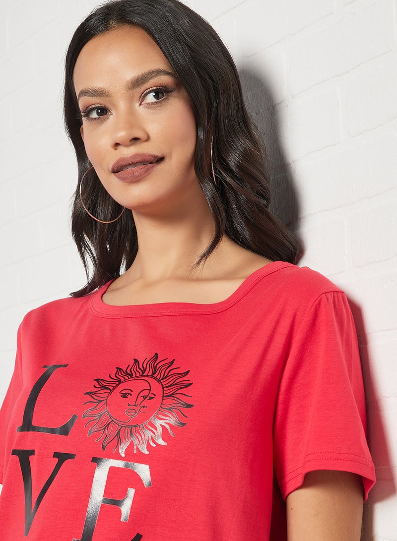 Aila Casual Short Sleeve Round Neck Graphic Print Knit T-Shirt Red  - Image 3
