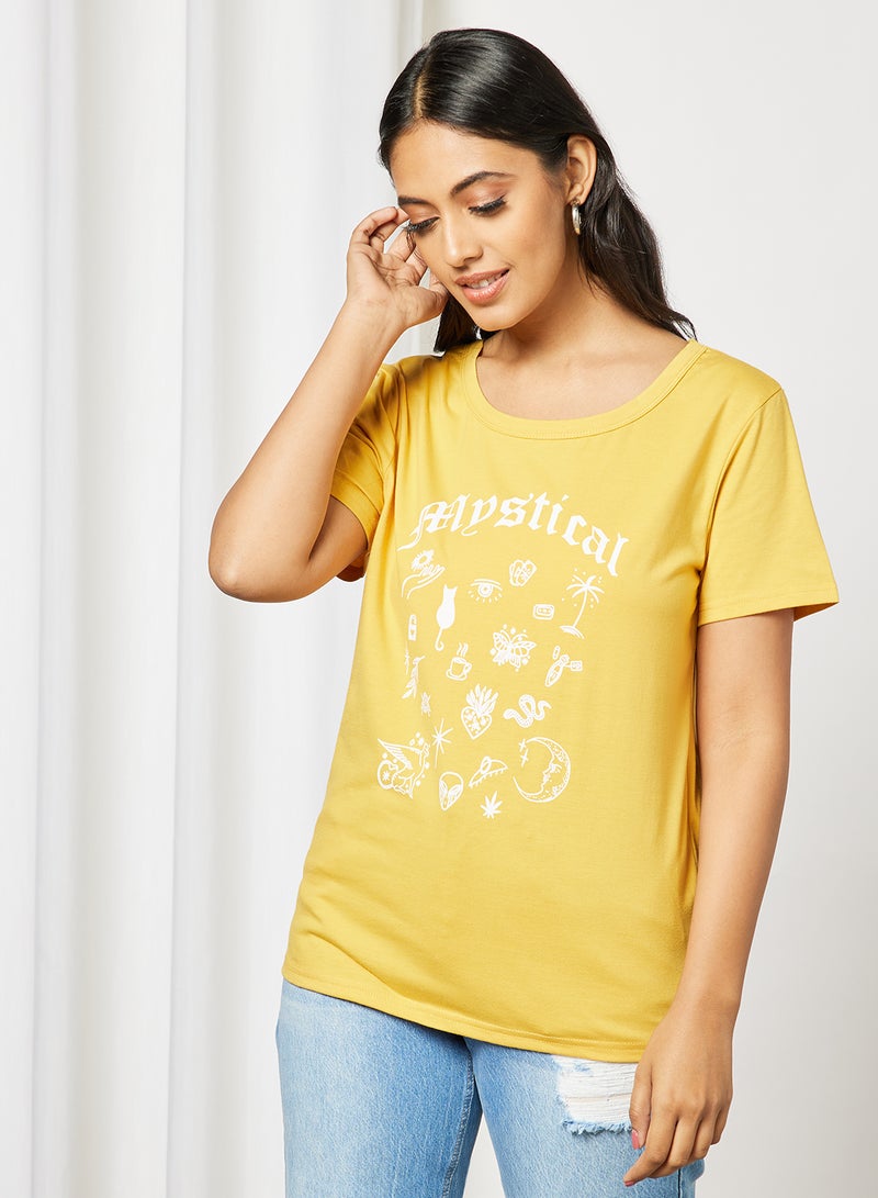 Aila Casual Short Sleeve Round Neck Graphic Print Knit T-Shirt Yellow  - Image 1