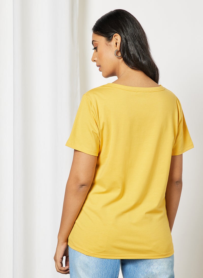 Aila Casual Short Sleeve Round Neck Graphic Print Knit T-Shirt Yellow  - Image 2