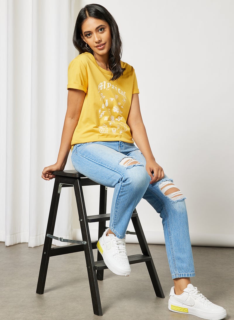 Aila Casual Short Sleeve Round Neck Graphic Print Knit T-Shirt Yellow  - Image 3