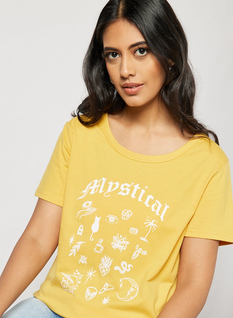 Aila Casual Short Sleeve Round Neck Graphic Print Knit T-Shirt Yellow  - Image 4