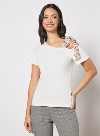 Casual Slanted Shoulder Strap Short Sleeve Solid T-Shirt White - v1648805542/N48790811V_1