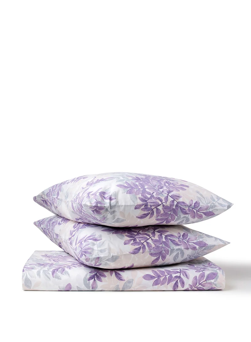Noon East Duvet Cover Set - With 1 Duvet Cover 260X220 Cm And 2 Pillow Cover 50X75 Cm - For Super King Size Mattress - 100% Cotton Leaf Dance Percale - 180 Thread Count Leaf Purple