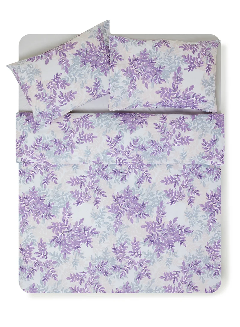 Noon East Duvet Cover Set - With 1 Duvet Cover 260X220 Cm And 2 Pillow Cover 50X75 Cm - For Super King Size Mattress - 100% Cotton Leaf Dance Percale - 180 Thread Count Leaf Purple