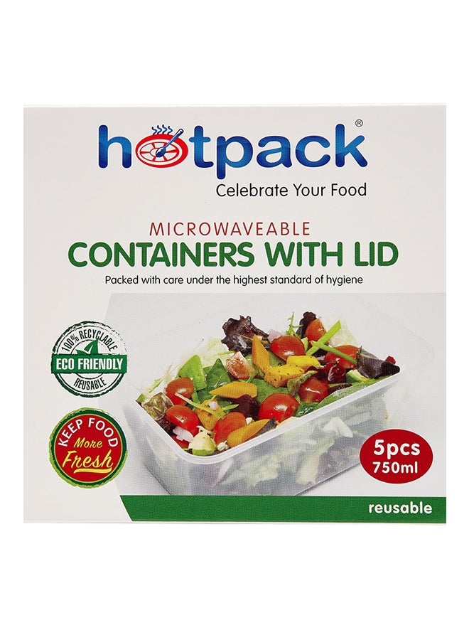 Hotpack - 5-Piece Microwaveable Rectangle Food Containers With Lid Clear 750ml - Image 1