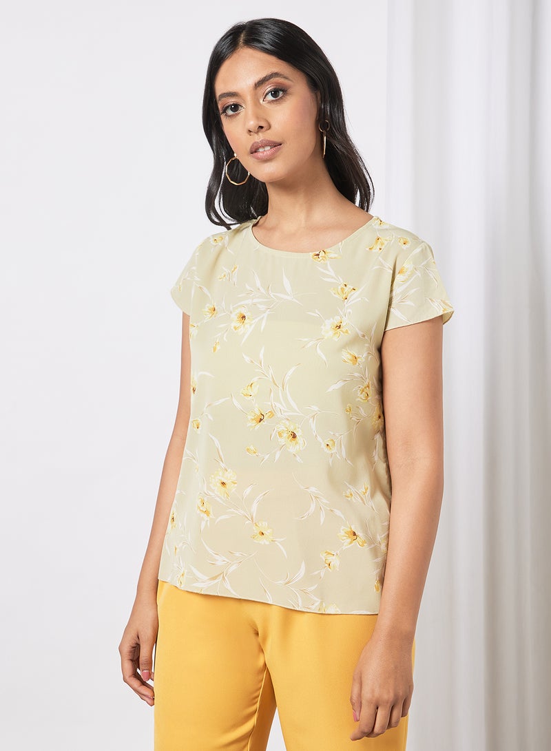 Aila Women's Casual Floral Printed Sheer Cap Sleeves Top Beige  - Image 1