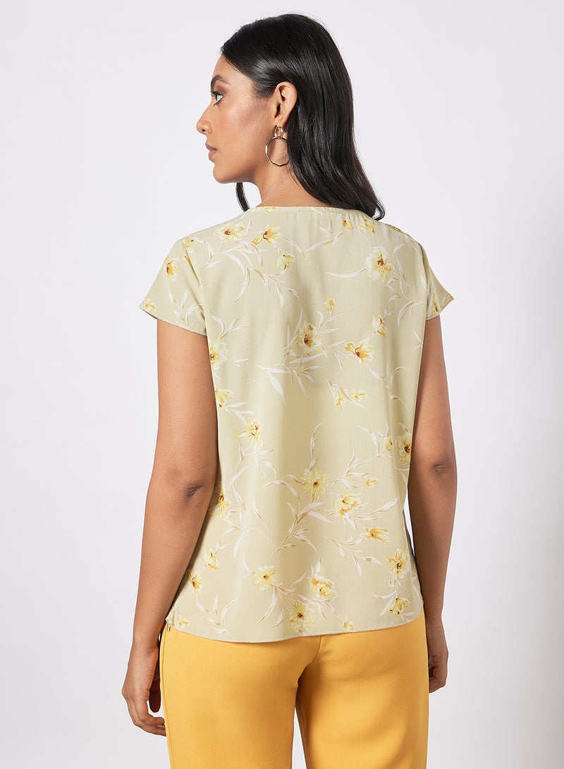 Aila Women's Casual Floral Printed Sheer Cap Sleeves Top Beige  - Image 2