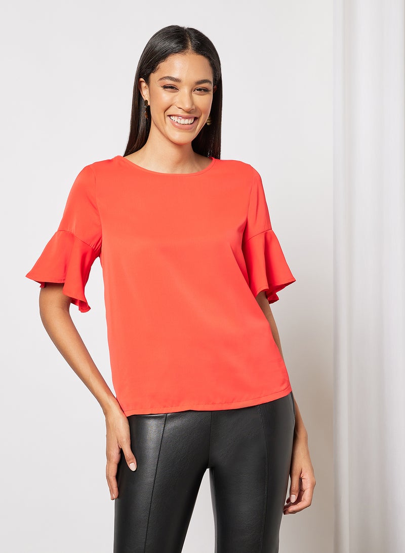 Aila Women's Casual Flared Short Sleeve Polyester Blend Top With Round Neck Plain/Basic Pattern Orange  - Image 1