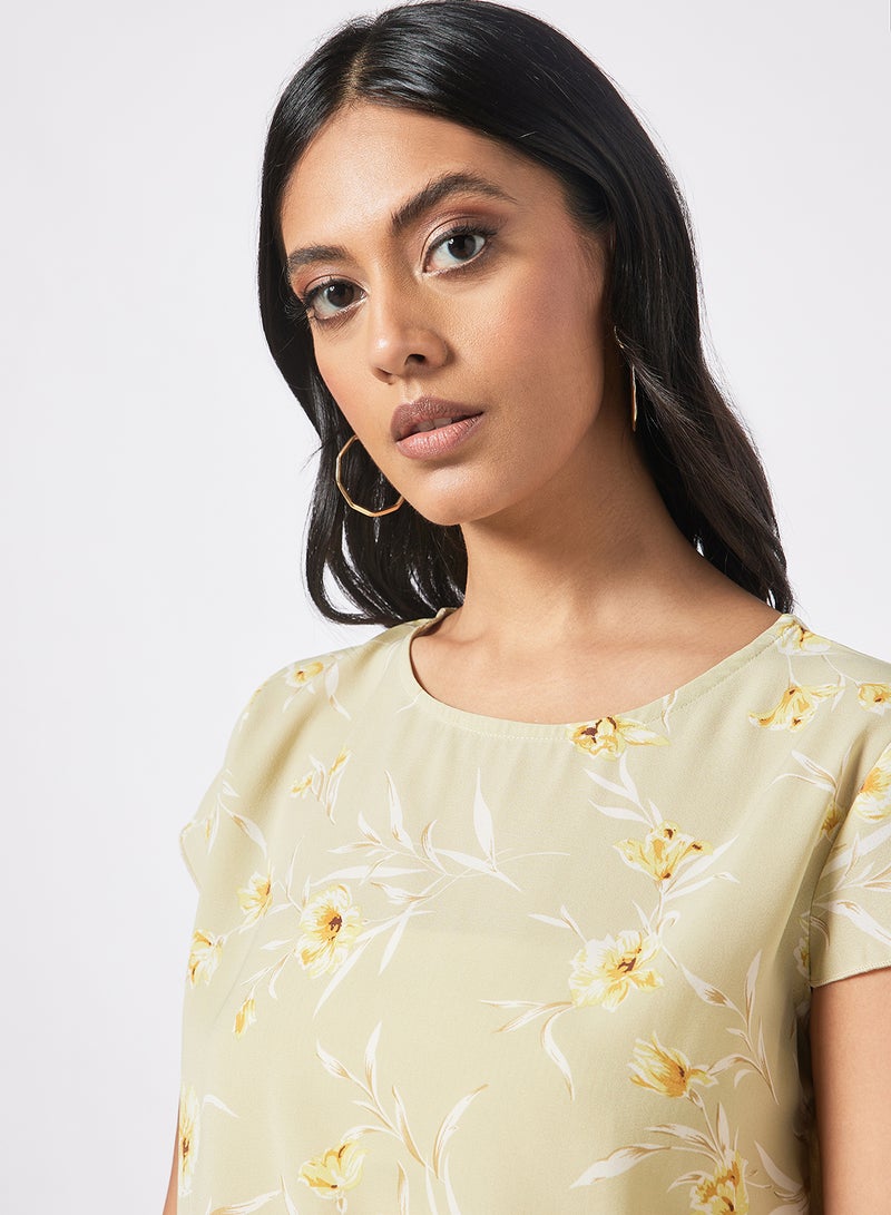 Aila Women's Casual Floral Printed Sheer Cap Sleeves Top Beige  - Image 4