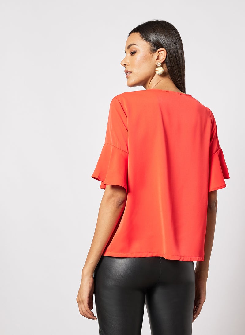 Aila Women's Casual Flared Short Sleeve Polyester Blend Top With Round Neck Plain/Basic Pattern Orange  - Image 2