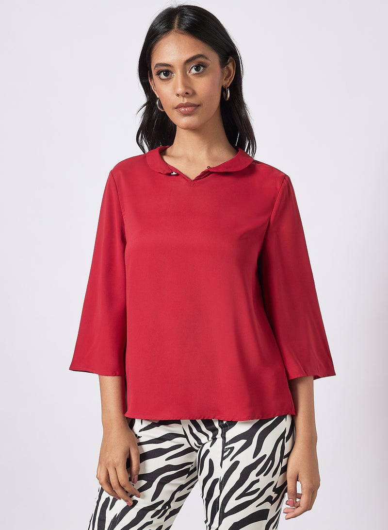 Aila Women's Causal Half Bell Sleeve Polyester Blend Blouse With Round Neck Flat Collar Dark Red  - Image 1