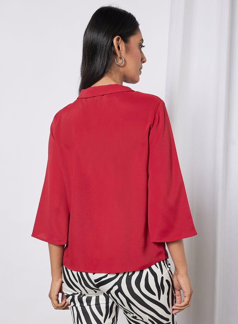 Aila Women's Causal Half Bell Sleeve Polyester Blend Blouse With Round Neck Flat Collar Dark Red  - Image 2
