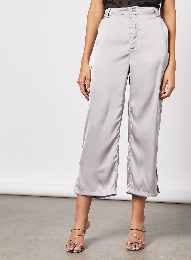 Aila Women's Casual Mid-Rise Ankle Length Wide Leg Solid Pants With Slit Grey  - Image 1