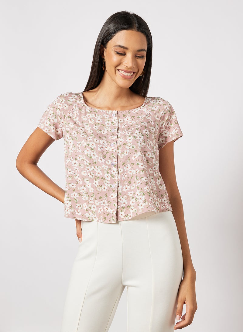 Aila Women's Casual Square Collar Short Sleeve Printed Top Pink Print  - Image 1