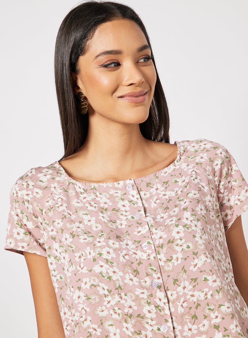 Aila Women's Casual Square Collar Short Sleeve Printed Top Pink Print  - Image 4