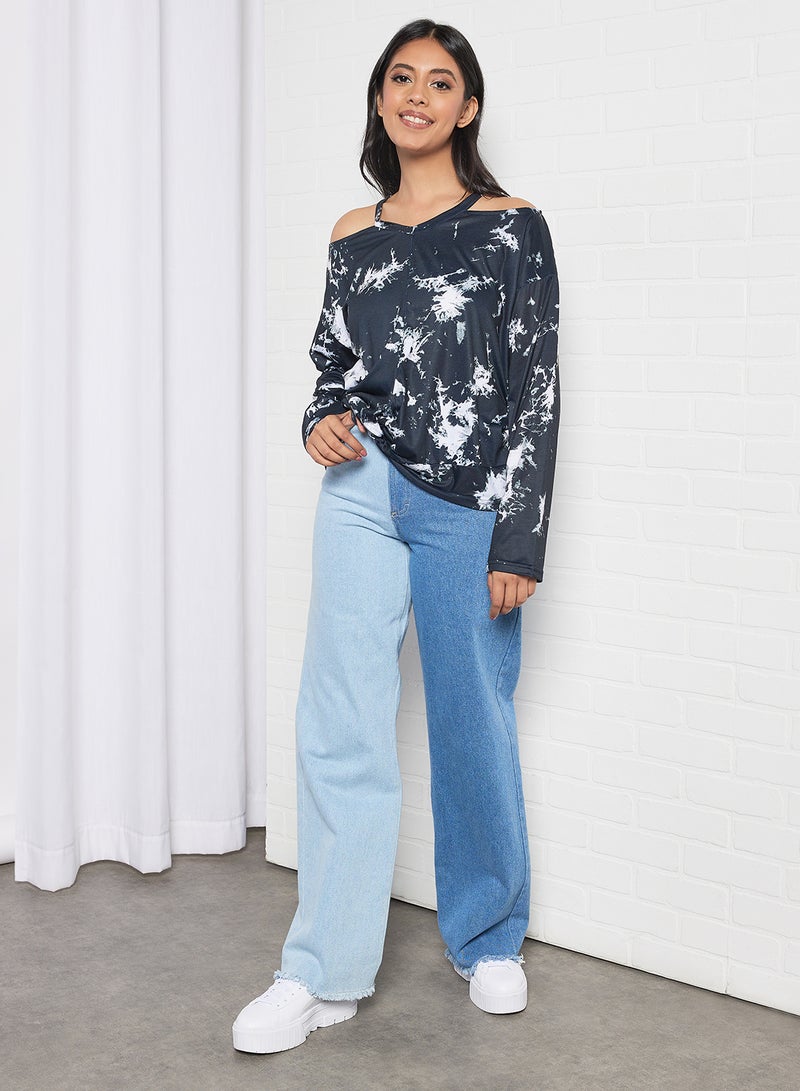 Aila Women's All Over Print Design Casual Cold Shoulder Top Blue/White  - Image 3