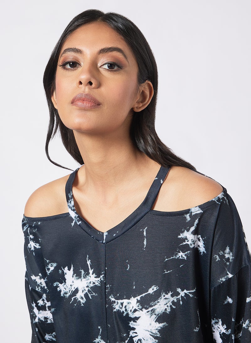Aila Women's All Over Print Design Casual Cold Shoulder Top Blue/White  - Image 4
