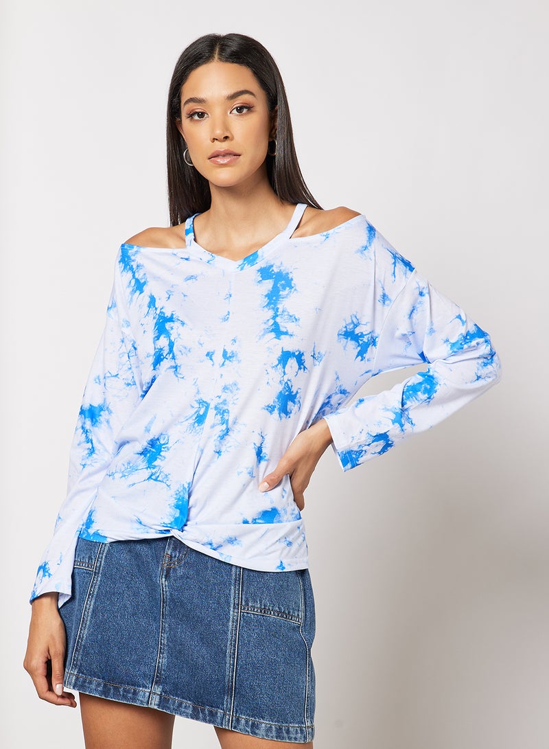 Aila Women's Allover Print Design Casual Cold Shoulder Top White/Blue  - Image 1