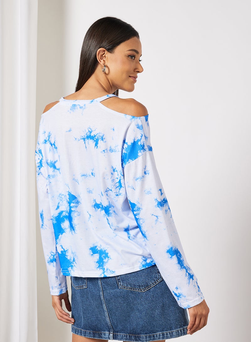 Aila Women's Allover Print Design Casual Cold Shoulder Top White/Blue  - Image 2
