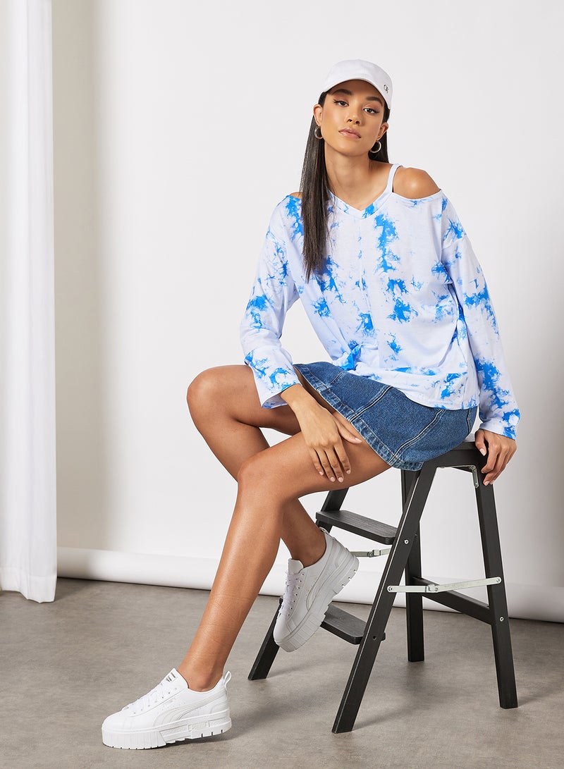 Aila Women's Allover Print Design Casual Cold Shoulder Top White/Blue  - Image 3