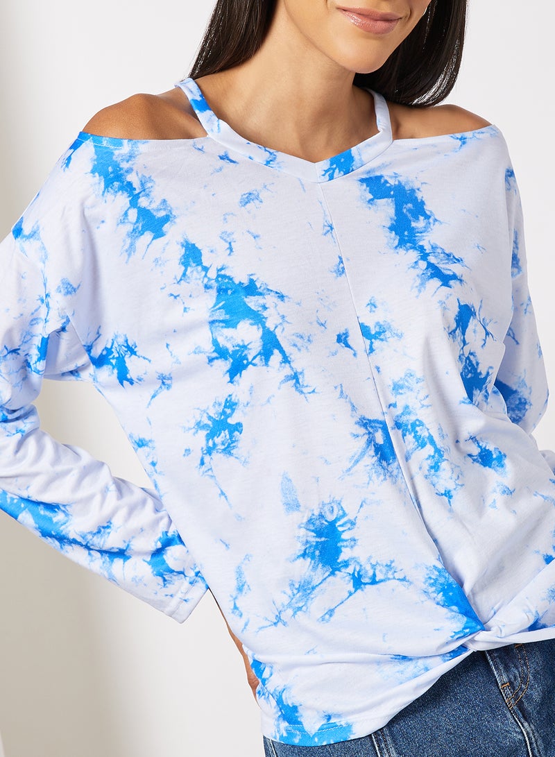 Aila Women's Allover Print Design Casual Cold Shoulder Top White/Blue  - Image 4