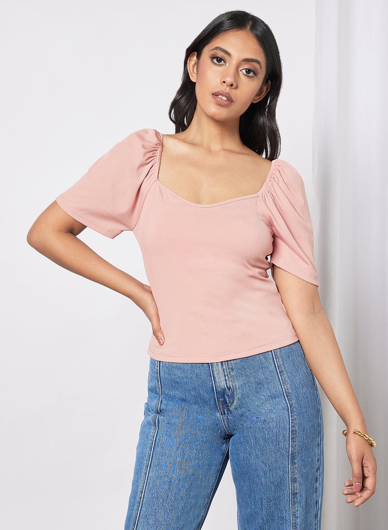 Aila Women's Stripes Design Casual Short Sleeve Top Peach  - Image 1