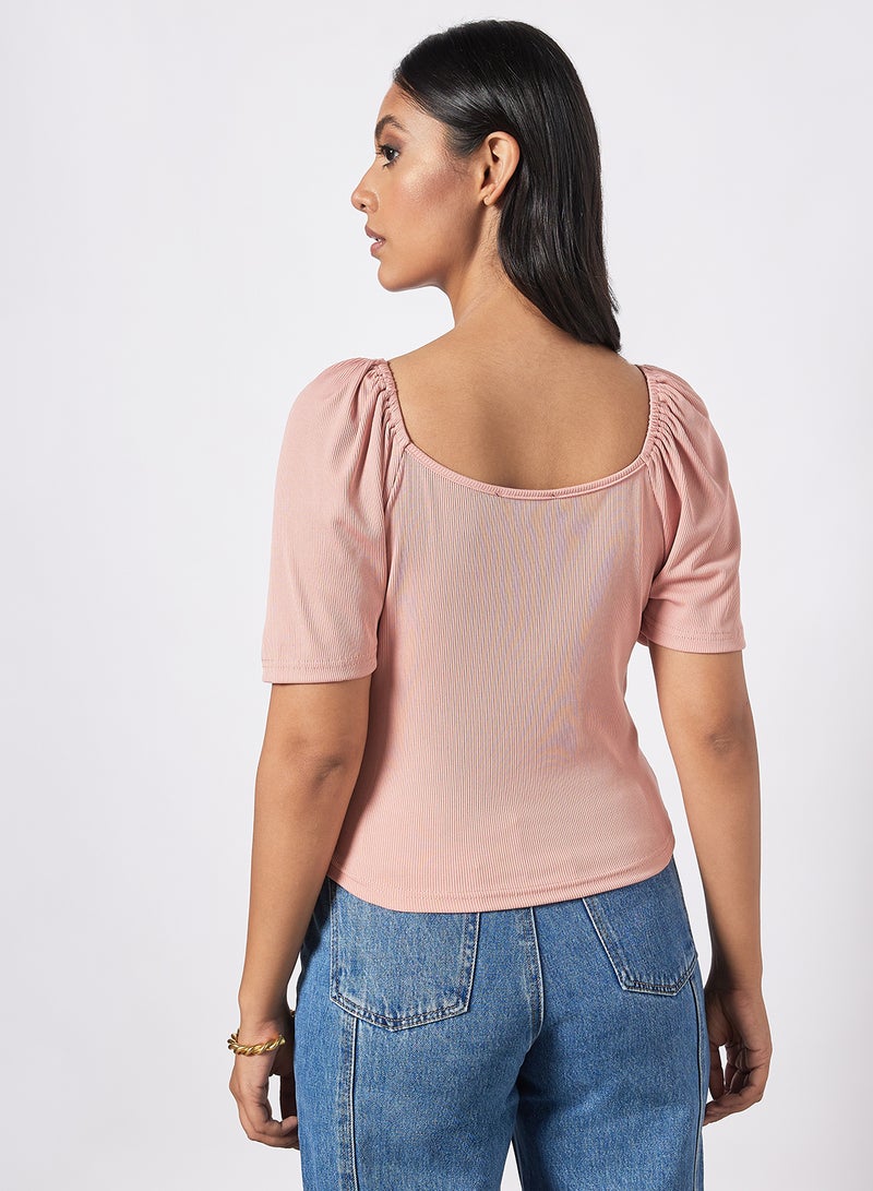 Aila Women's Stripes Design Casual Short Sleeve Top Peach  - Image 2