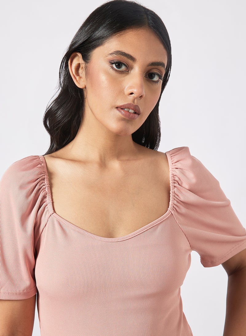 Aila Women's Stripes Design Casual Short Sleeve Top Peach  - Image 4