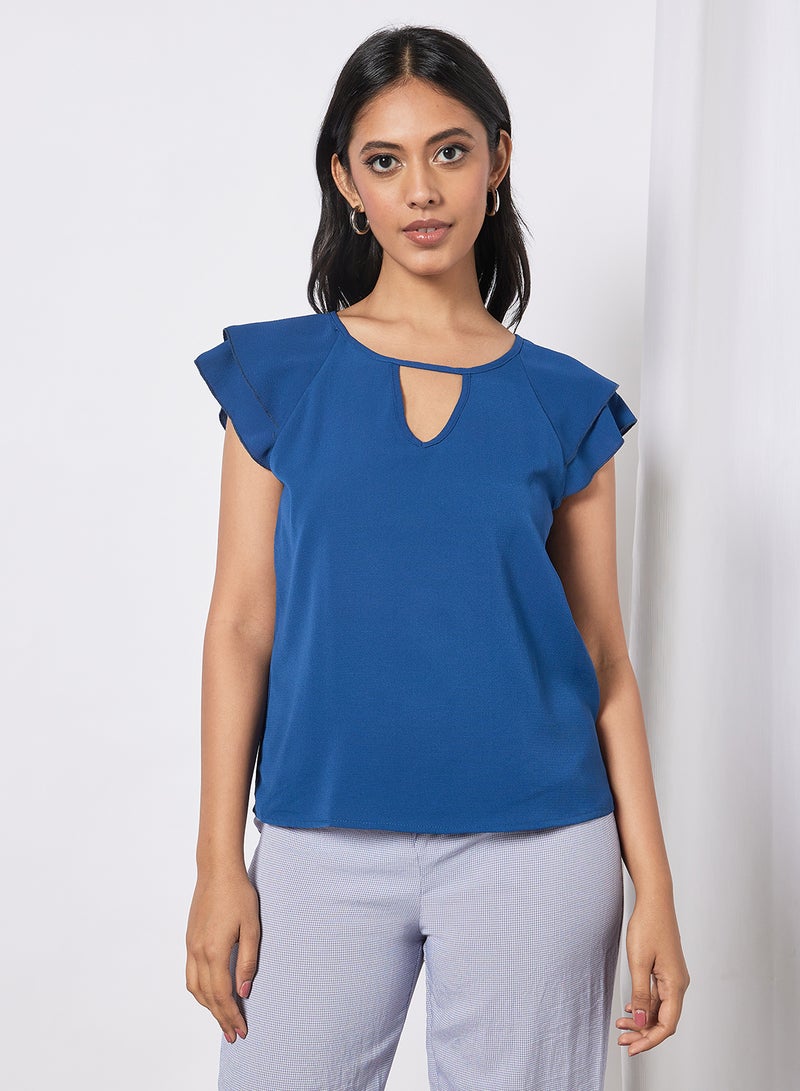 Aila Women's Solid Design V-neck Casual Cap Sleeve Top Blue - Image 1