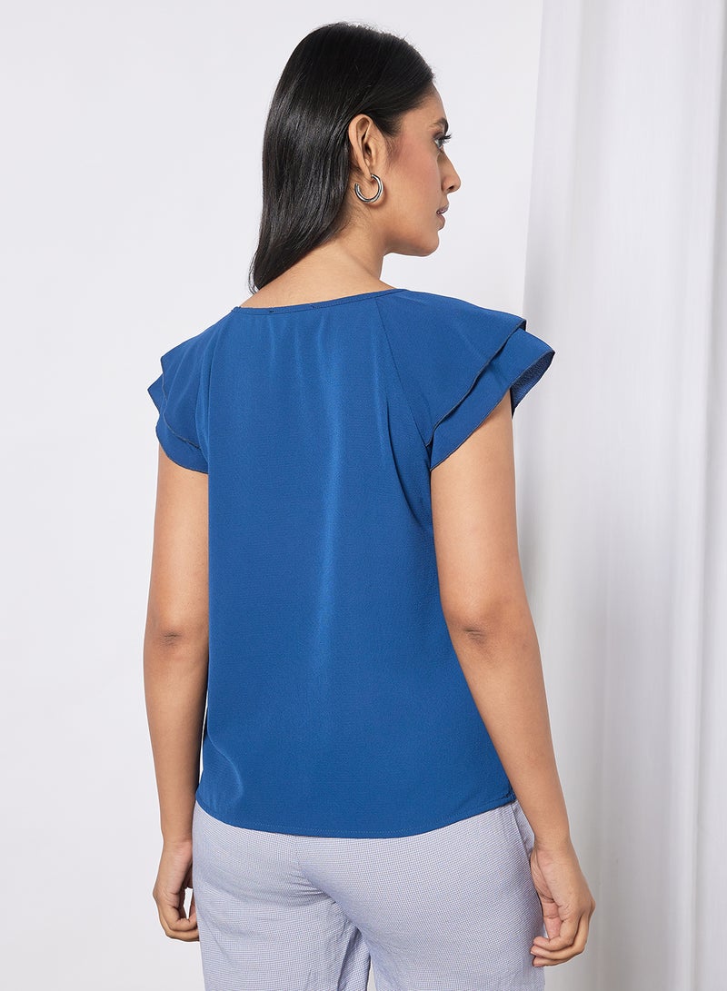 Aila Women's Solid Design V-neck Casual Cap Sleeve Top Blue - Image 2