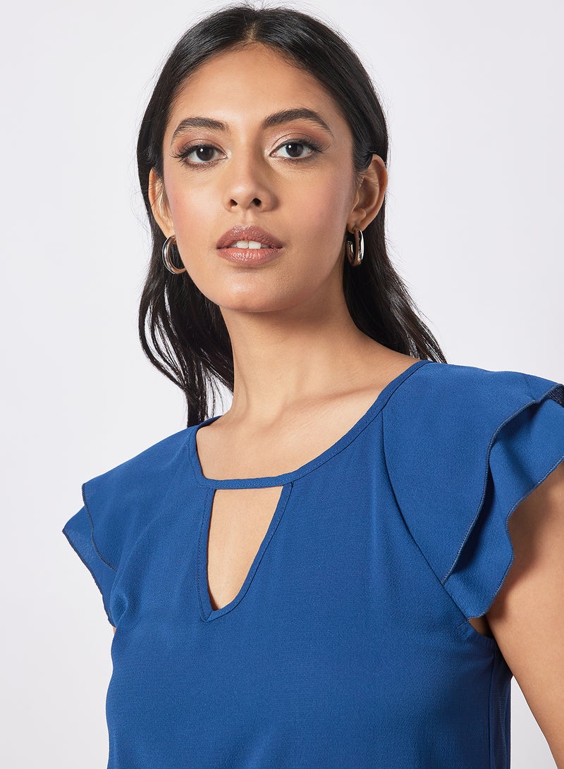 Aila Women's Solid Design V-neck Casual Cap Sleeve Top Blue - Image 4