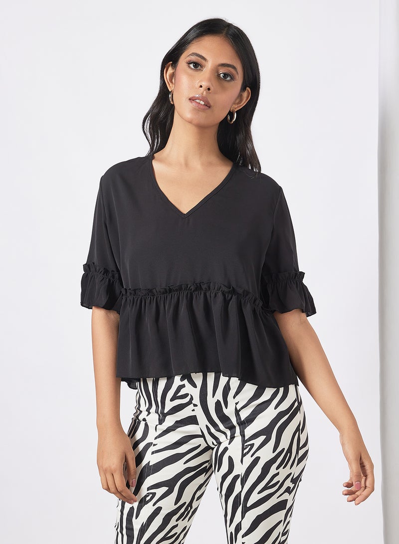 Aila Women's Solid Design V-neck Casual Puff Sleeve Top Black  - Image 1