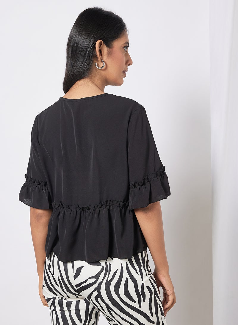 Aila Women's Solid Design V-neck Casual Puff Sleeve Top Black  - Image 2