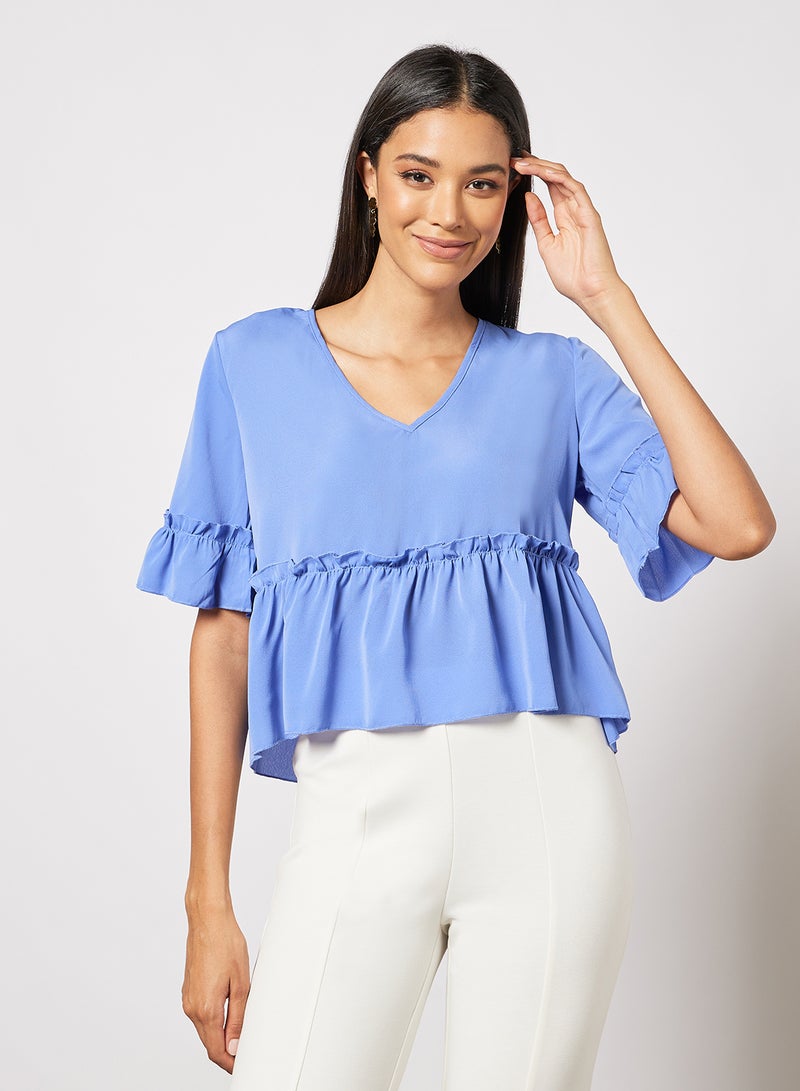 Aila Women's Solid Design V-neck Casual Puff Sleeve Top Blue  - Image 1