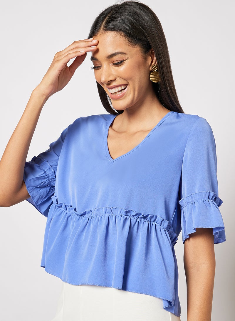 Aila Women's Solid Design V-neck Casual Puff Sleeve Top Blue  - Image 4