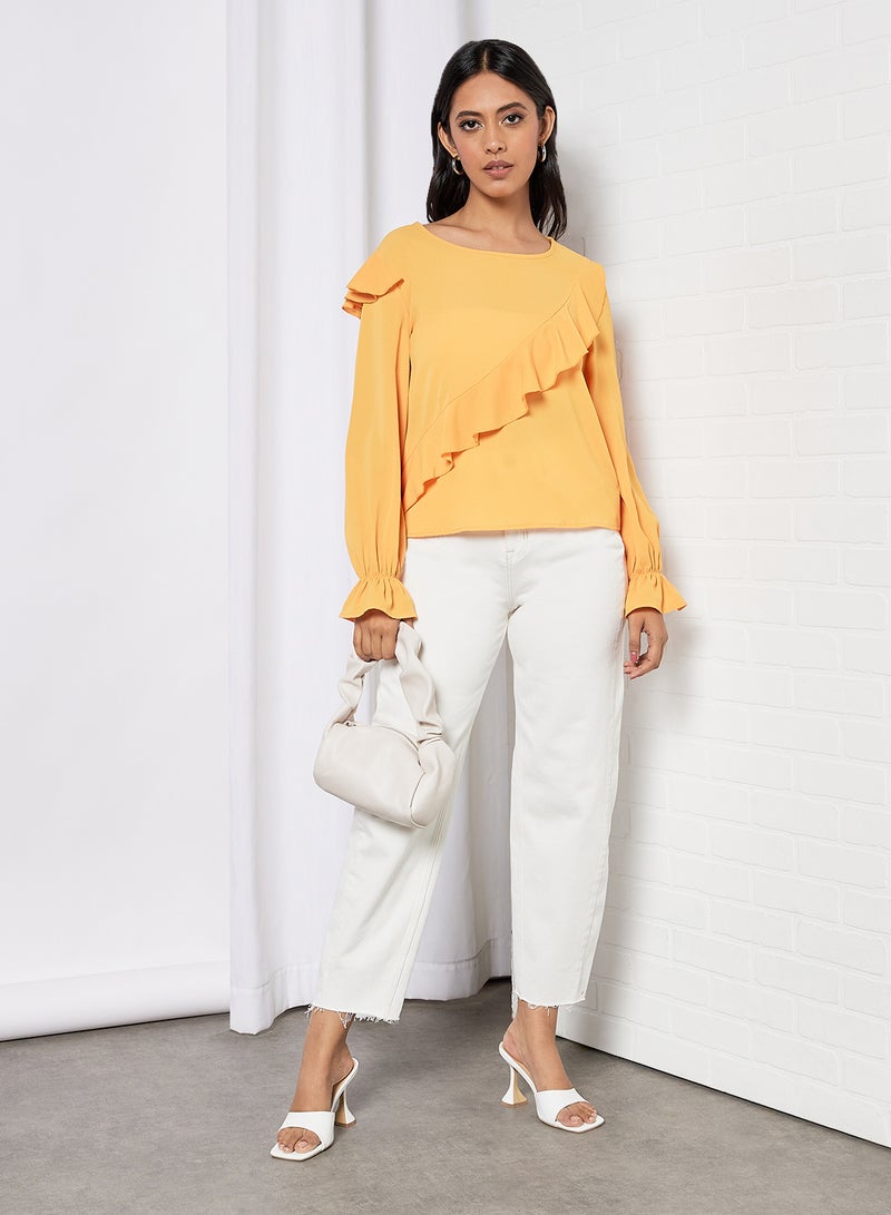 Aila Women's Plain Basic Design Casual Ruffle Sleeve Top Yellow - Image 3