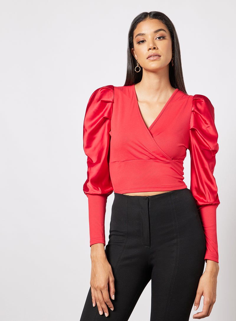 Aila Women's Stylish Design Front Overlap Blouse Top With Gathered Long Sleeve Design Red - Image 1