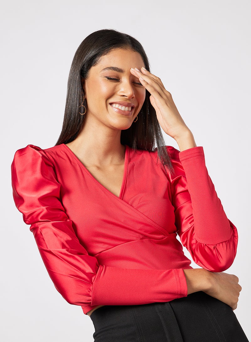 Aila Women's Stylish Design Front Overlap Blouse Top With Gathered Long Sleeve Design Red - Image 4