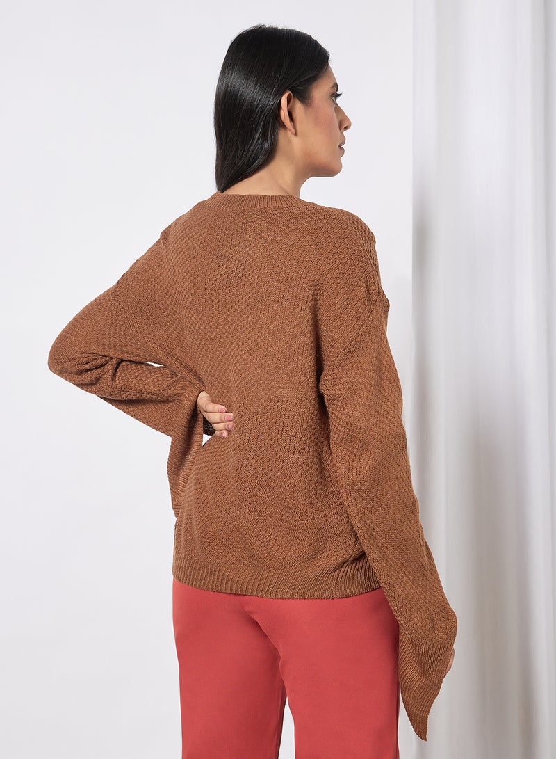 Aila Solid Drop Shoulder Sleeve Split Sweater Brown  - Image 2