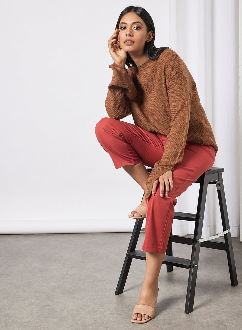 Aila Solid Drop Shoulder Sleeve Split Sweater Brown  - Image 3
