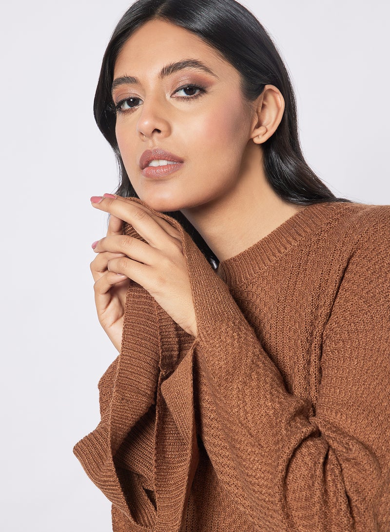 Aila Solid Drop Shoulder Sleeve Split Sweater Brown  - Image 4