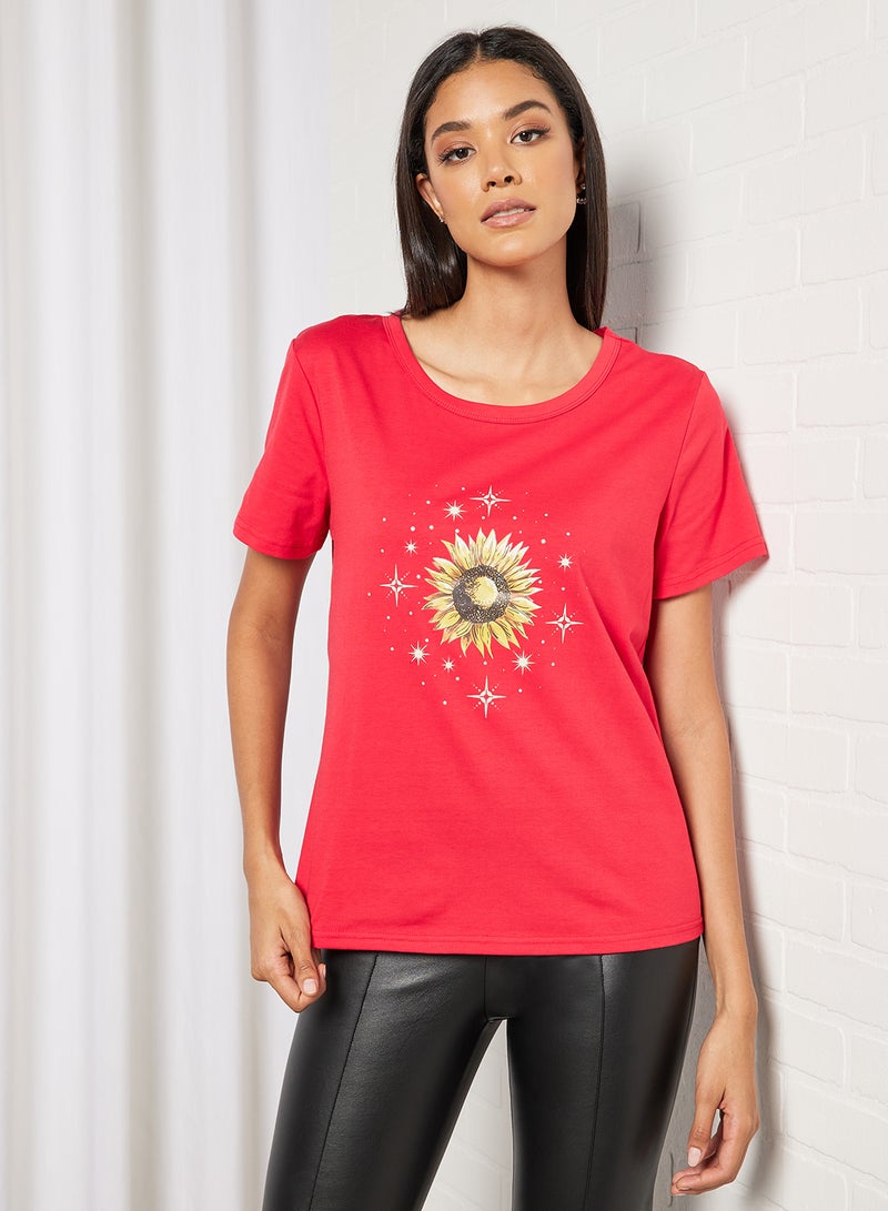 Aila Casual Short Sleeve Round Neck Graphic Print Knit T-Shirt Red  - Image 1