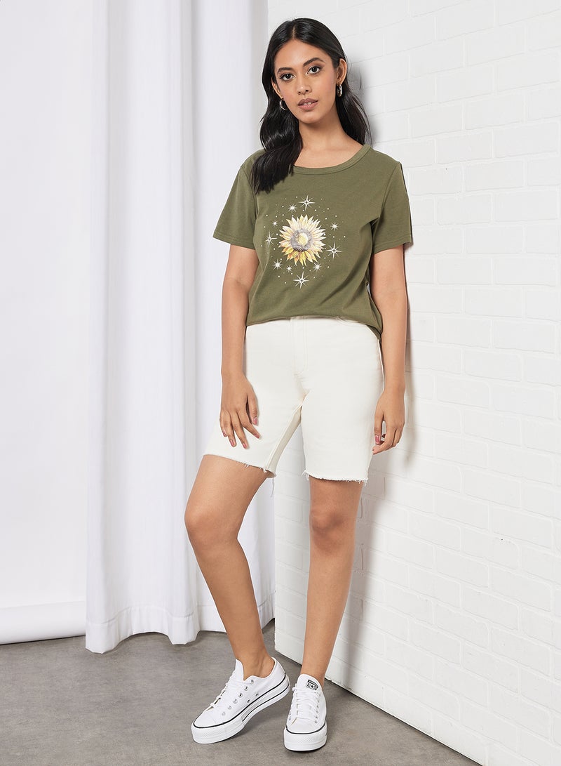 Aila Casual Short Sleeve Round Neck Graphic Print Knit T-Shirt Olive  - Image 3