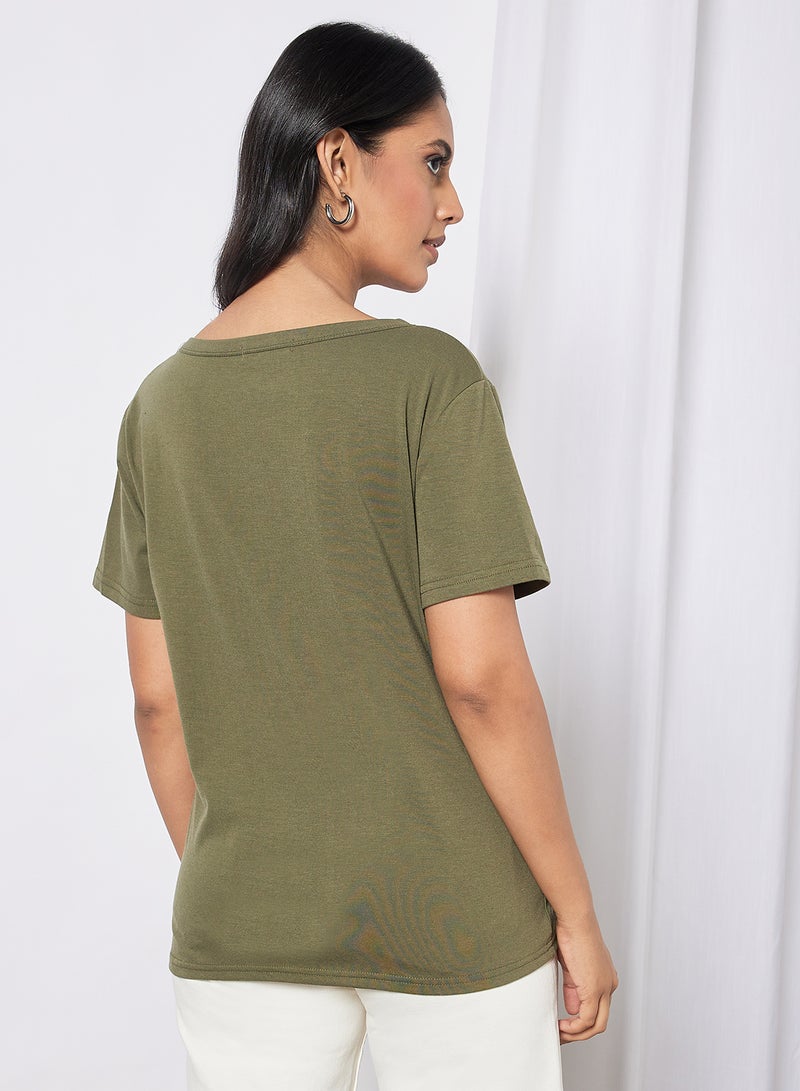 Aila Casual Short Sleeve Round Neck Graphic Print Knit T-Shirt Olive  - Image 2