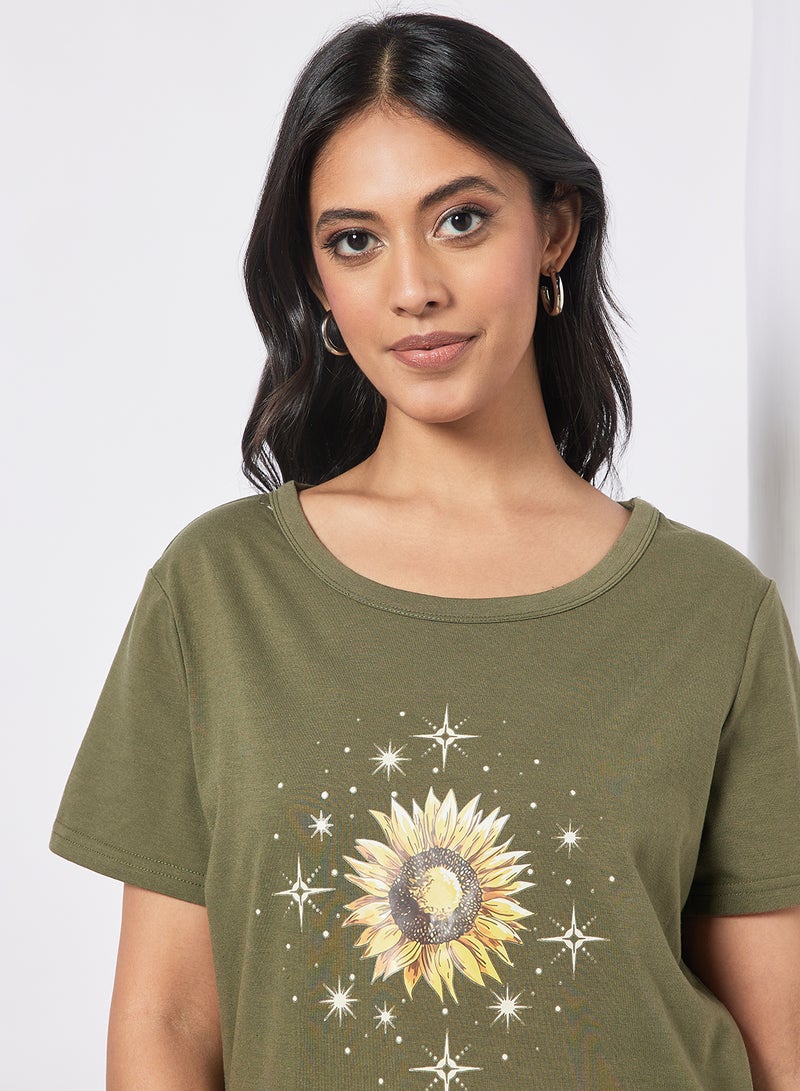 Aila Casual Short Sleeve Round Neck Graphic Print Knit T-Shirt Olive  - Image 4