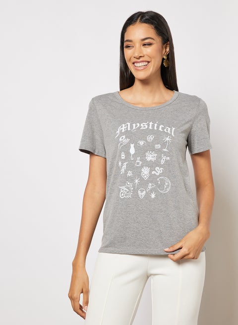 Casual Short Sleeve Round Neck Graphic Print Knit T-Shirt Dark Grey