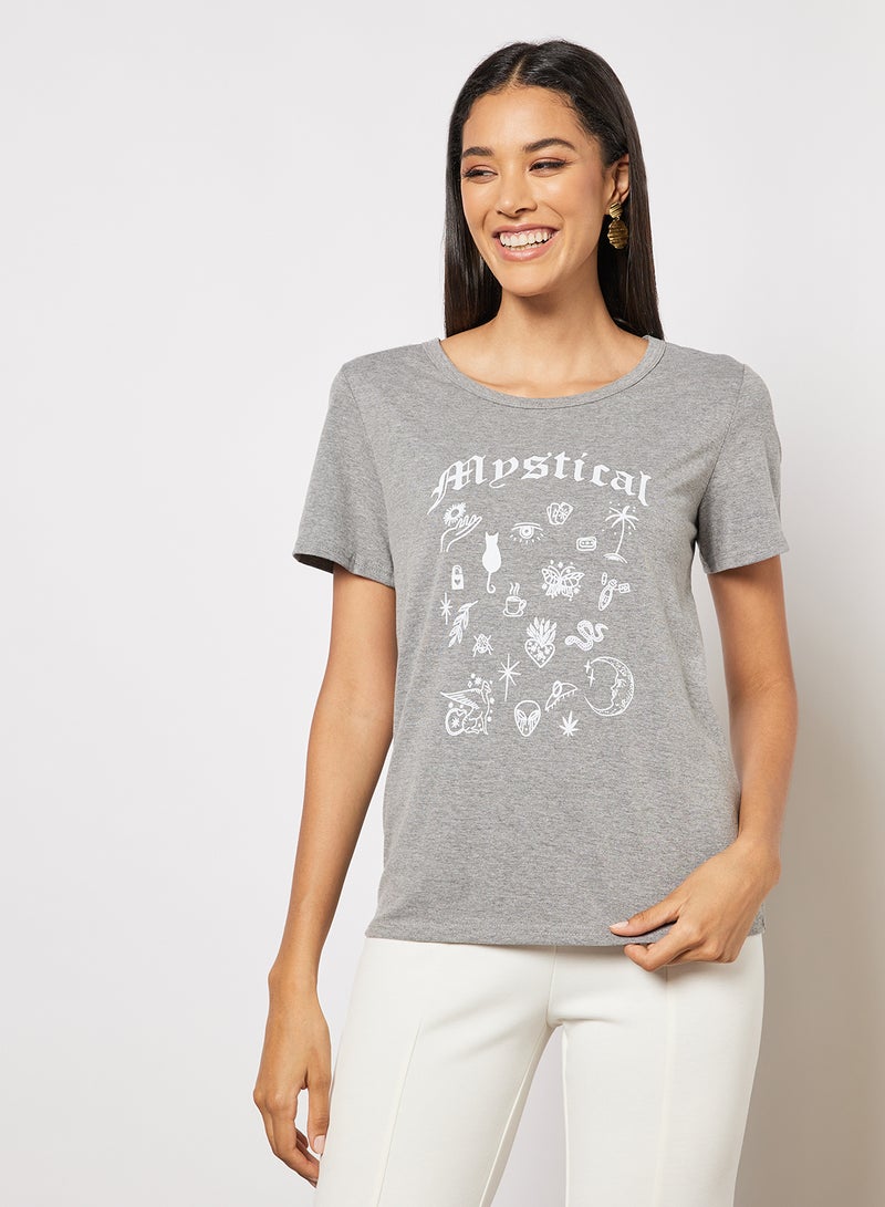 Casual Short Sleeve Round Neck Graphic Print Knit T-Shirt Dark Grey