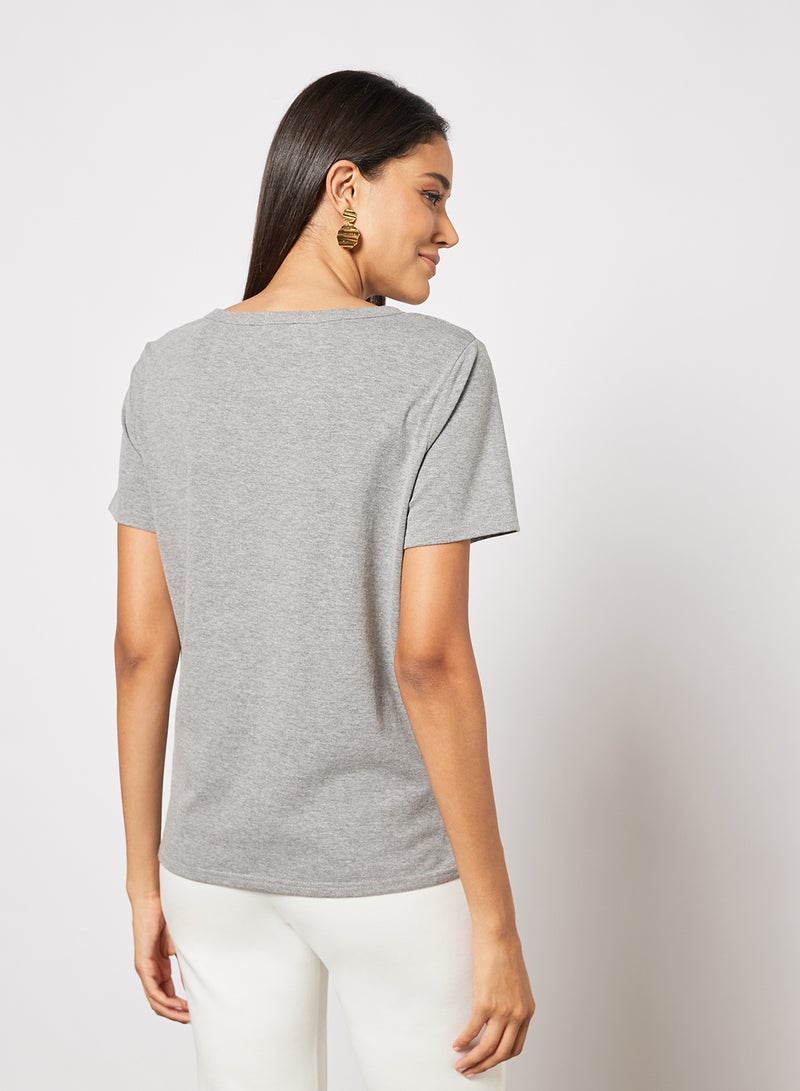 Casual Short Sleeve Round Neck Graphic Print Knit T-Shirt Dark Grey