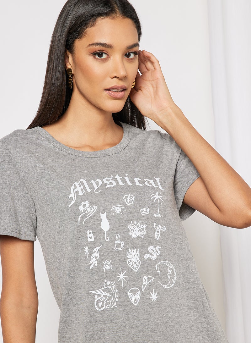 Casual Short Sleeve Round Neck Graphic Print Knit T-Shirt Dark Grey